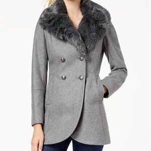 French Connection Gray Pea Coat with Faux Fur Collar